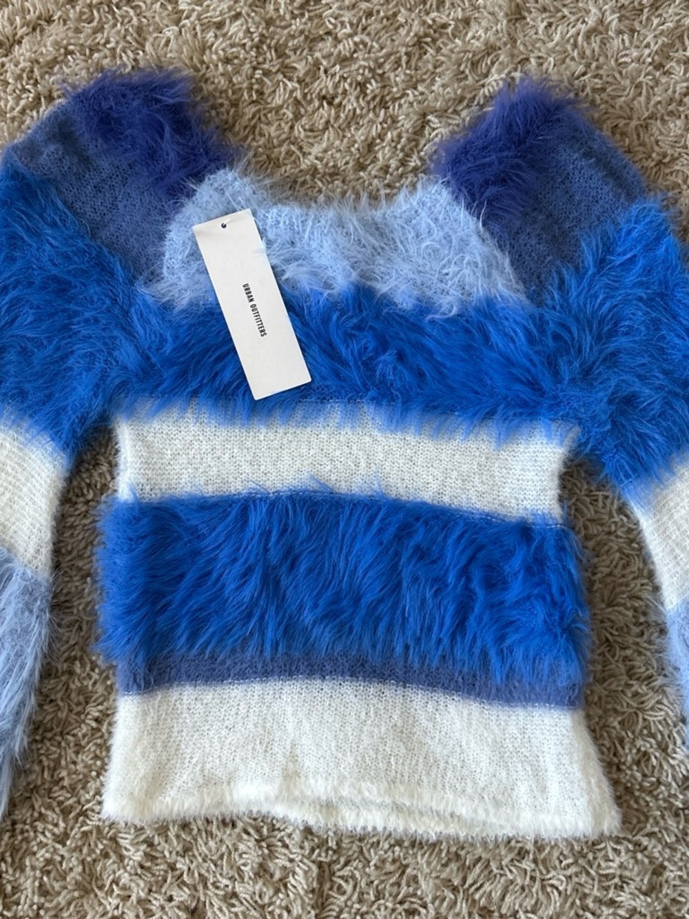 NWT Kimchi Blue Blue and white striped fuzzy sweater Size S